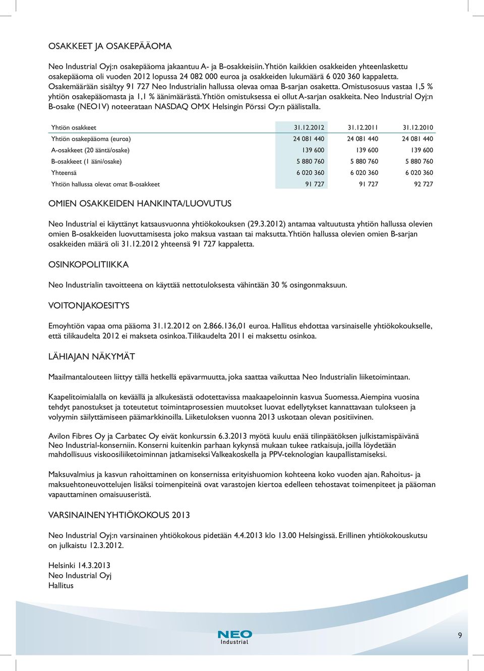 Osakemäärään sisältyy 91 727 Neo Industrialin hallussa olevaa omaa B-sarjan osaketta. Omistusosuus vastaa 1,5 % yhtiön osakepääomasta ja 1,1 % äänimäärästä.