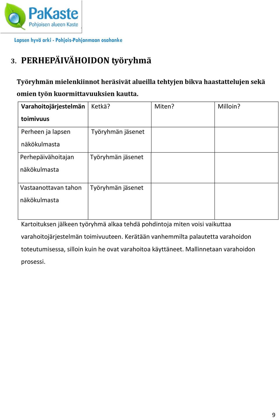 toimivuus Perheen ja lapsen Työryhmän jäsenet näkökulmasta Perhepäivähoitajan näkökulmasta Työryhmän jäsenet Vastaanottavan tahon näkökulmasta