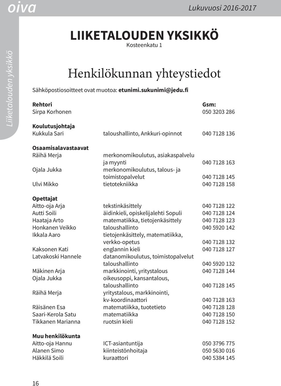 7128 163 Ojala Jukka merkonomikoulutus, talous- ja toimistopalvelut 040 7128 145 Ulvi Mikko tietotekniikka 040 7128 158 Opettajat Aitto-oja Arja tekstinkäsittely 040 7128 122 Autti Soili äidinkieli,