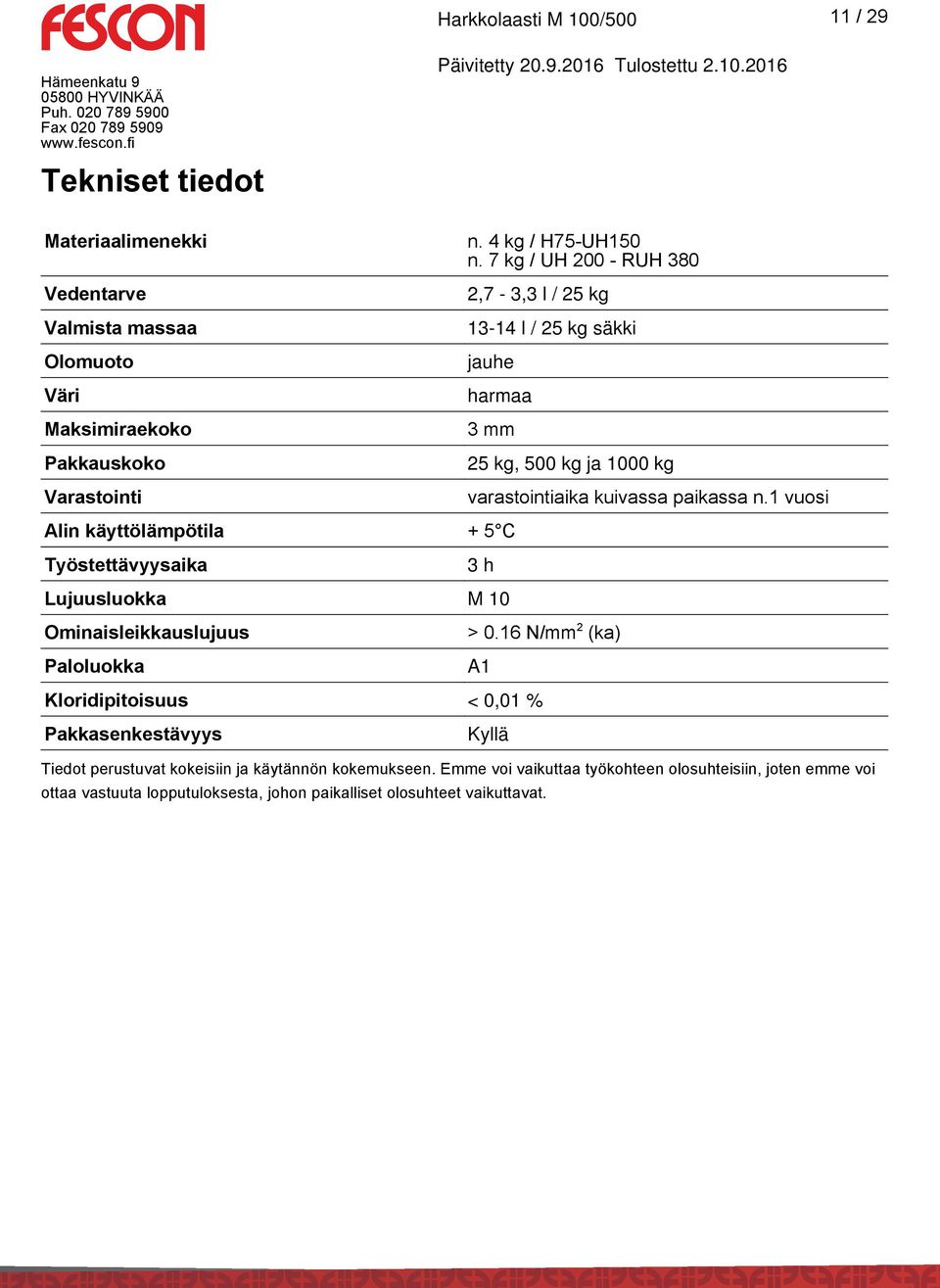 1 vuosi Alin käyttölämpötila + 5 C Työstettävyysaika 3 h Lujuusluokka M 10 Ominaisleikkauslujuus Paloluokka > 0.