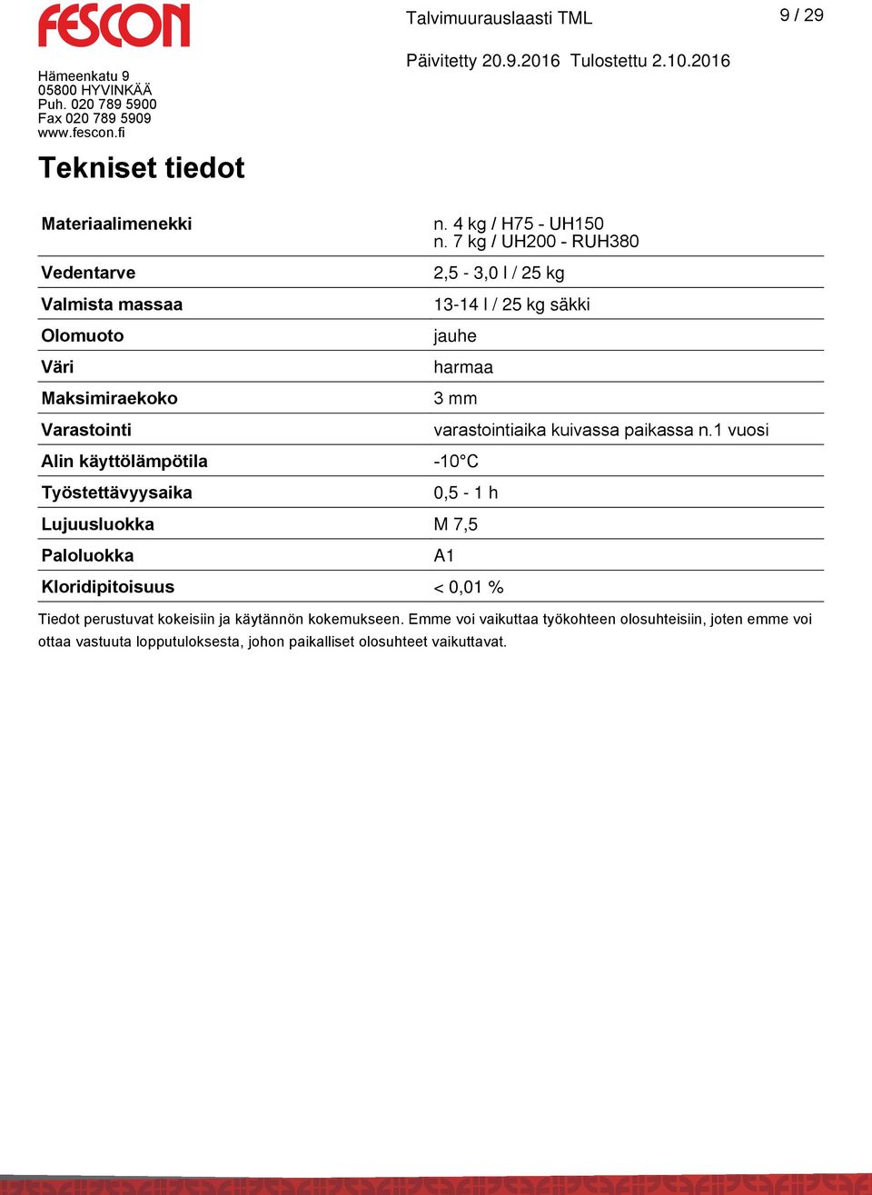 7 kg / UH200 - RUH380 2,5-3,0 l / 25 kg 13-14 l / 25 kg säkki jauhe harmaa 3 mm varastointiaika kuivassa paikassa n.