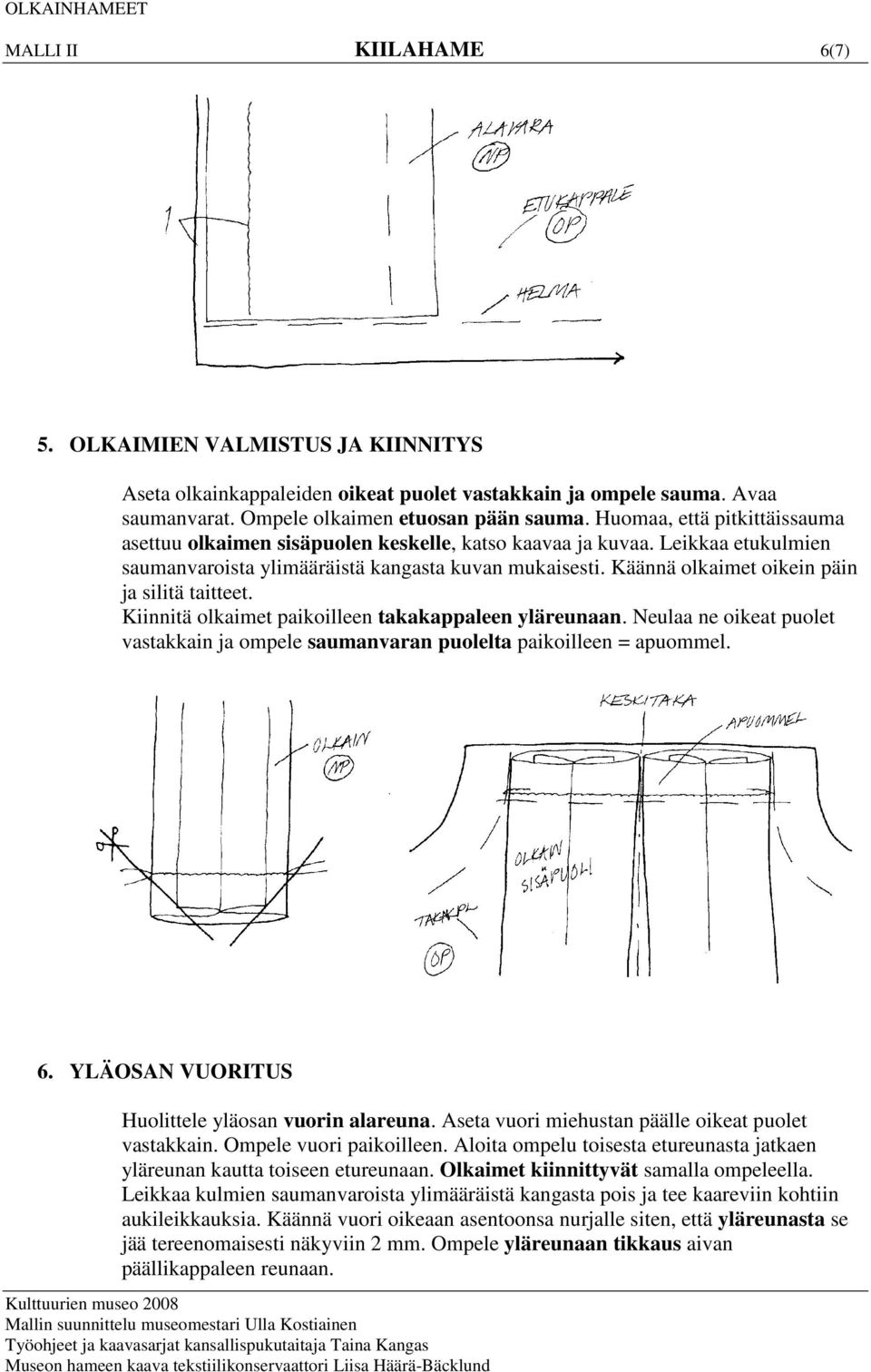 Käännä olkaimet oikein päin ja silitä taitteet. Kiinnitä olkaimet paikoilleen takakappaleen yläreunaan. Neulaa ne oikeat puolet vastakkain ja ompele saumanvaran puolelta paikoilleen = apuommel. 6.