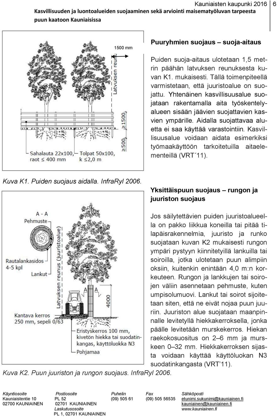 Kasvillisuusalue voidaan aidata esimerkiksi työmaakäyttöön tarkoitetuilla aitaelementeillä (VRT 11). Kuva K1. Puiden suojaus aidalla. InfraRyl 2006.