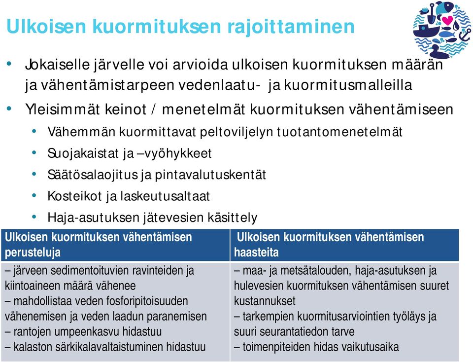 Ulkoisen kuormituksen vähentämisen perusteluja järveen sedimentoituvien ravinteiden ja kiintoaineen määrä vähenee mahdollistaa veden fosforipitoisuuden vähenemisen ja veden laadun paranemisen
