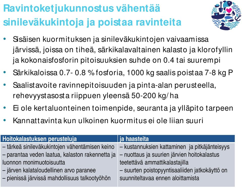 8 % fosforia, 1000 kg saalis poistaa 7-8 kg P Saalistavoite ravinnepitoisuuden ja pinta-alan perusteella, rehevyystasosta riippuen yleensä 50-200 kg/ha Ei ole kertaluonteinen toimenpide, seuranta ja