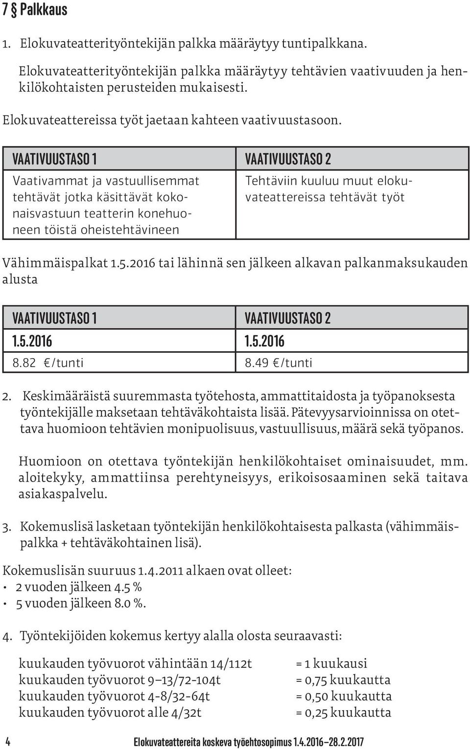 VAATIVUUSTASO 1 VAATIVUUSTASO 2 Vaativammat ja vastuullisemmat tehtävät jotka käsittävät kokonaisvastuun teatterin konehuoneen töistä oheistehtävineen Tehtäviin kuuluu muut elokuvateattereissa