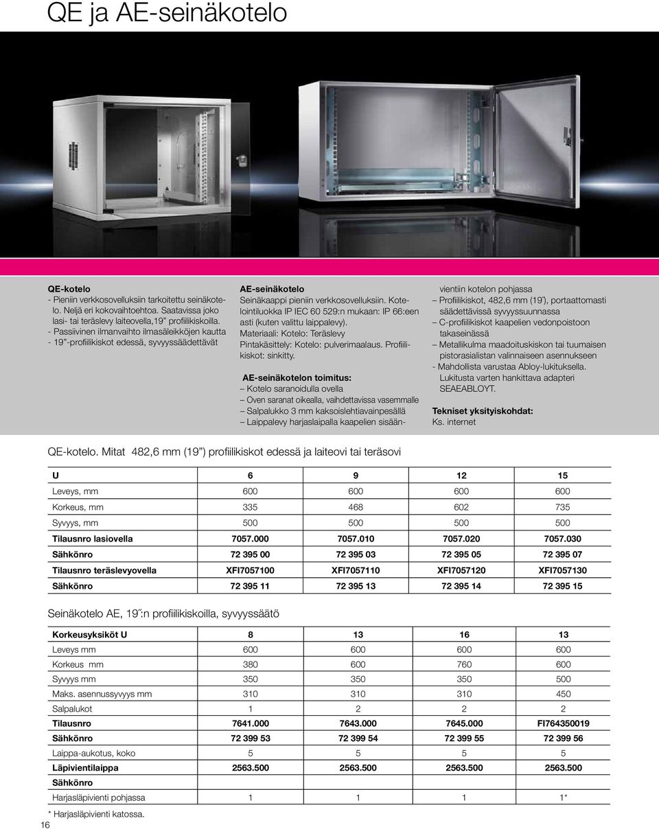 Kotelointiluokka IP IEC 60 529:n mukaan: IP 66:een asti (kuten valittu laippalevy). Kotelo: Teräslevy Pintakäsittely: Kotelo: pulverimaalaus. Profiilikiskot: sinkitty.