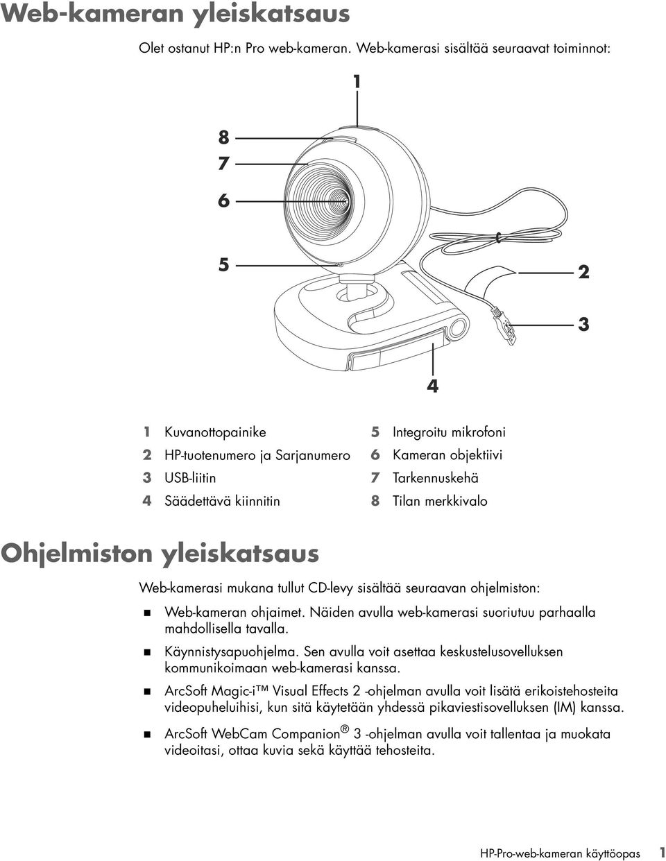 Tarkennuskehä 8 Tilan merkkivalo Ohjelmiston yleiskatsaus Web-kamerasi mukana tullut CD-levy sisältää seuraavan ohjelmiston: Web-kameran ohjaimet.