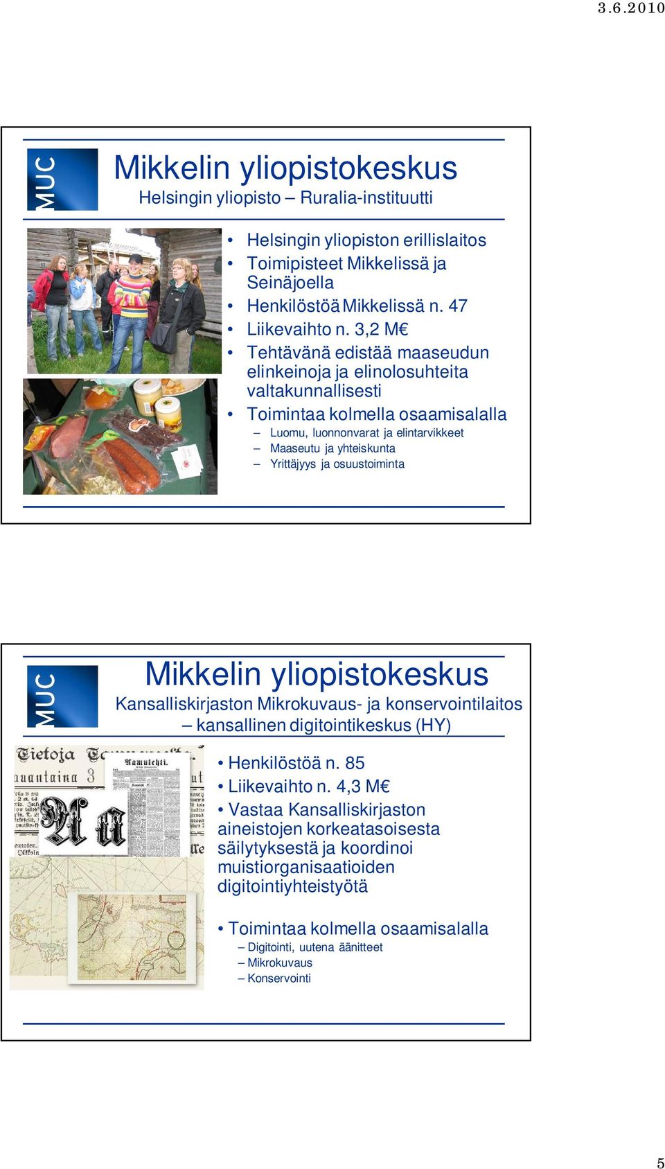 yhteiskunta Yrittäjyys ja osuustoiminta Kansalliskirjaston Mikrokuvaus- ja konservointilaitos kansallinen digitointikeskus (HY) Henkilöstöä n. 85 Liikevaihto n.