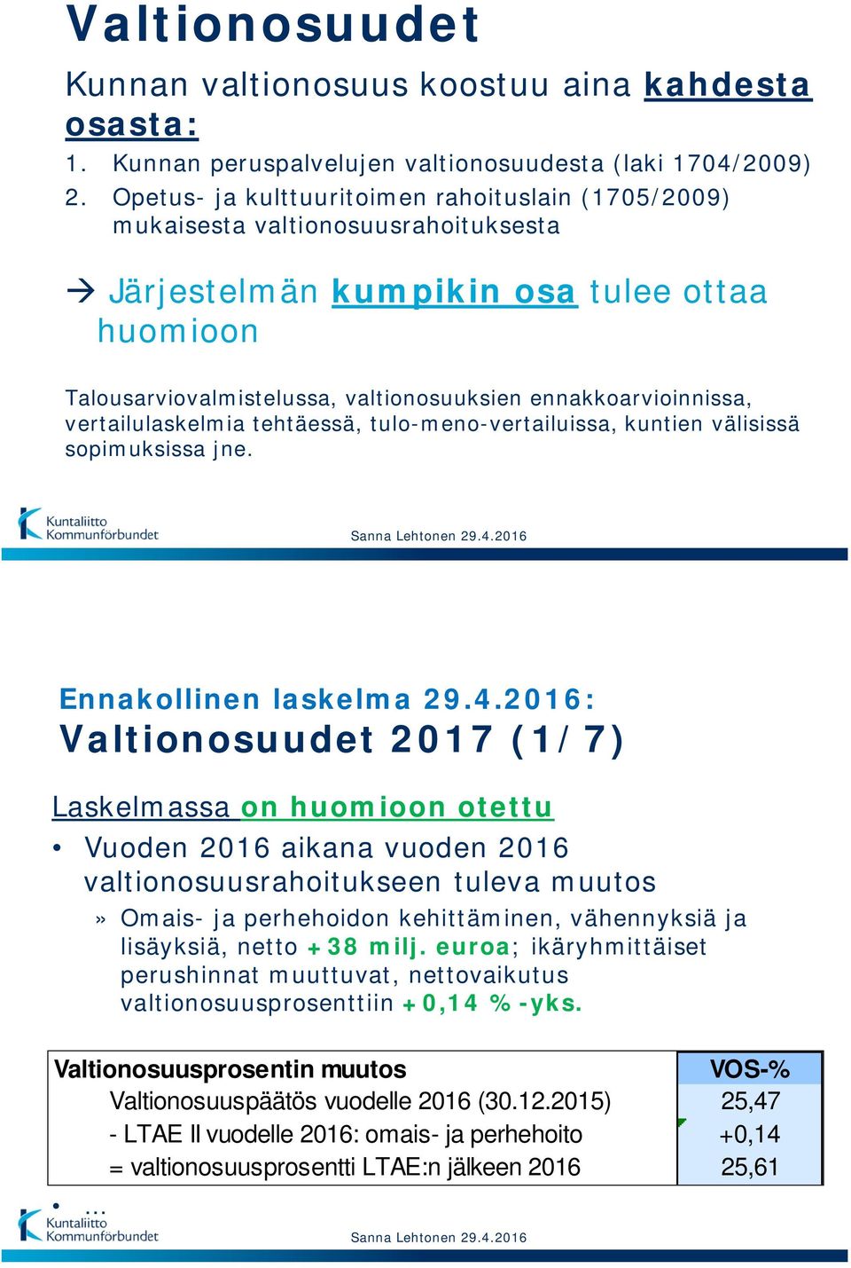 ennakkoarvioinnissa, vertailulaskelmia tehtäessä, tulo-meno-vertailuissa, kuntien välisissä sopimuksissa jne. Ennakollinen laskelma 29.4.