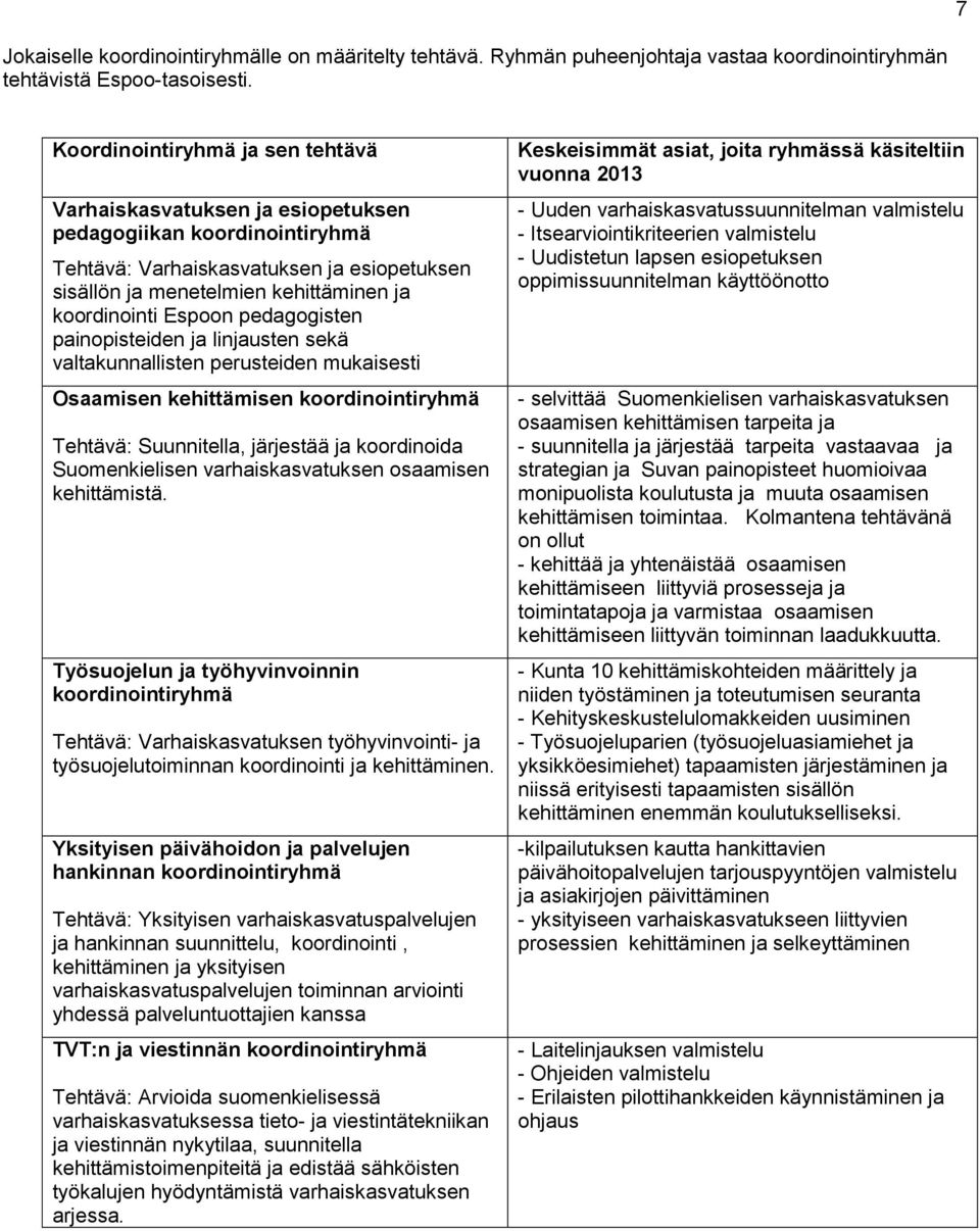 Espoon pedagogisten painopisteiden ja linjausten sekä valtakunnallisten perusteiden mukaisesti Osaamisen kehittämisen koordinointiryhmä Tehtävä: Suunnitella, järjestää ja koordinoida Suomenkielisen