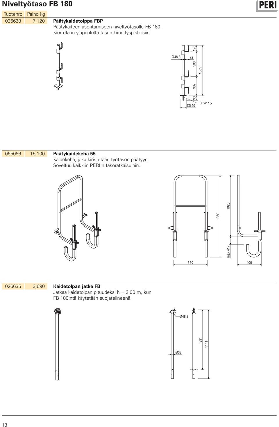 Ø48,3 503 120 72 1005 382 90 120 DW 15 065066 15,100 Päätykaidekehä 55 Kaidekehä, joka kiristetään työtason päätyyn.