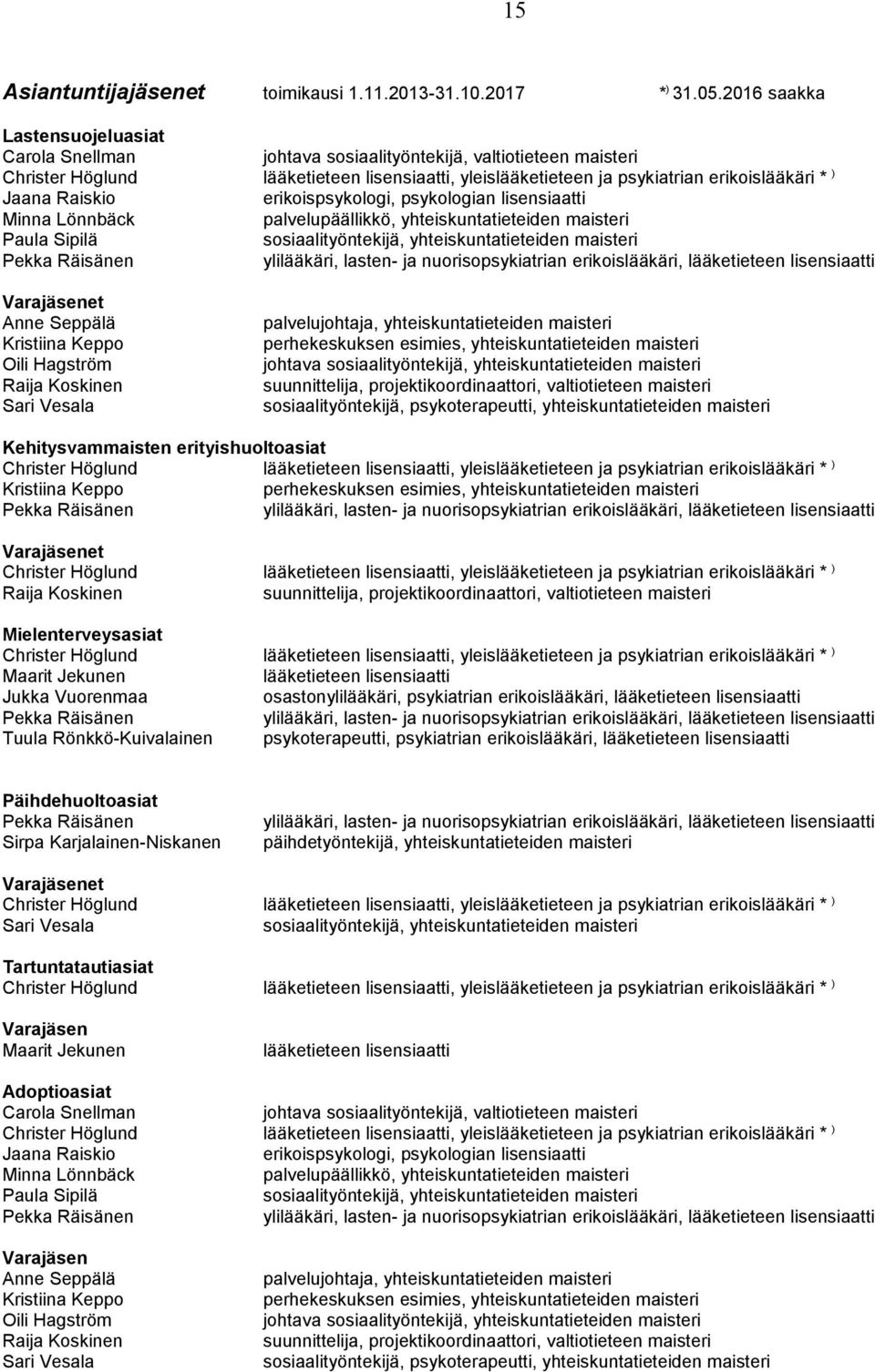 yleislääketieteen ja psykiatrian erikoislääkäri * ) erikoispsykologi, psykologian lisensiaatti palvelupäällikkö, yhteiskuntatieteiden maisteri sosiaalityöntekijä, yhteiskuntatieteiden maisteri