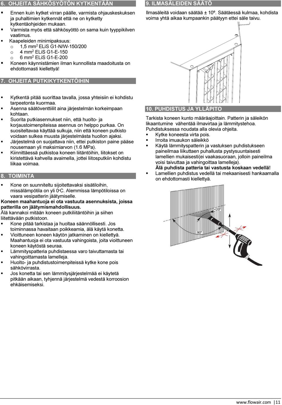 Kaapeleiden minimipaksuus: o 1,5 mm 2 ELiS G1-N/W-150/200 o 4 mm 2 ELiS G1-E-150 o 6 mm 2 ELiS G1-E-200 Koneen käynnistämien ilman kunnollista maadoitusta on ehdottomasti kiellettyä! 9.