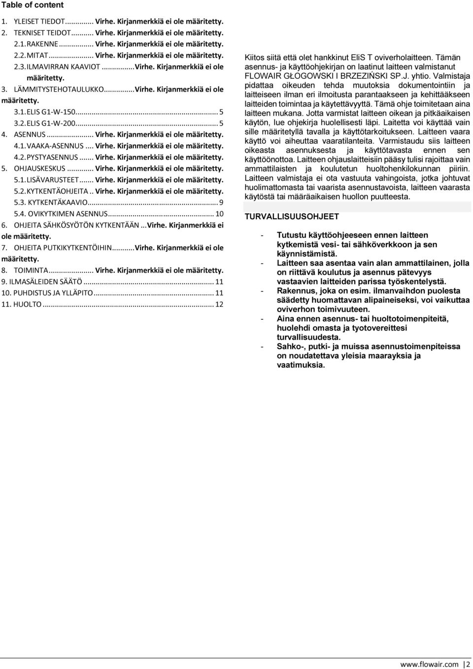 .. 5 3.2. ELIS G1-W-200... 5 4. ASENNUS... Virhe. Kirjanmerkkiä ei ole määritetty. 4.1. VAAKA-ASENNUS... Virhe. Kirjanmerkkiä ei ole määritetty. 4.2. PYSTYASENNUS... Virhe. Kirjanmerkkiä ei ole määritetty. 5. OHJAUSKESKUS.