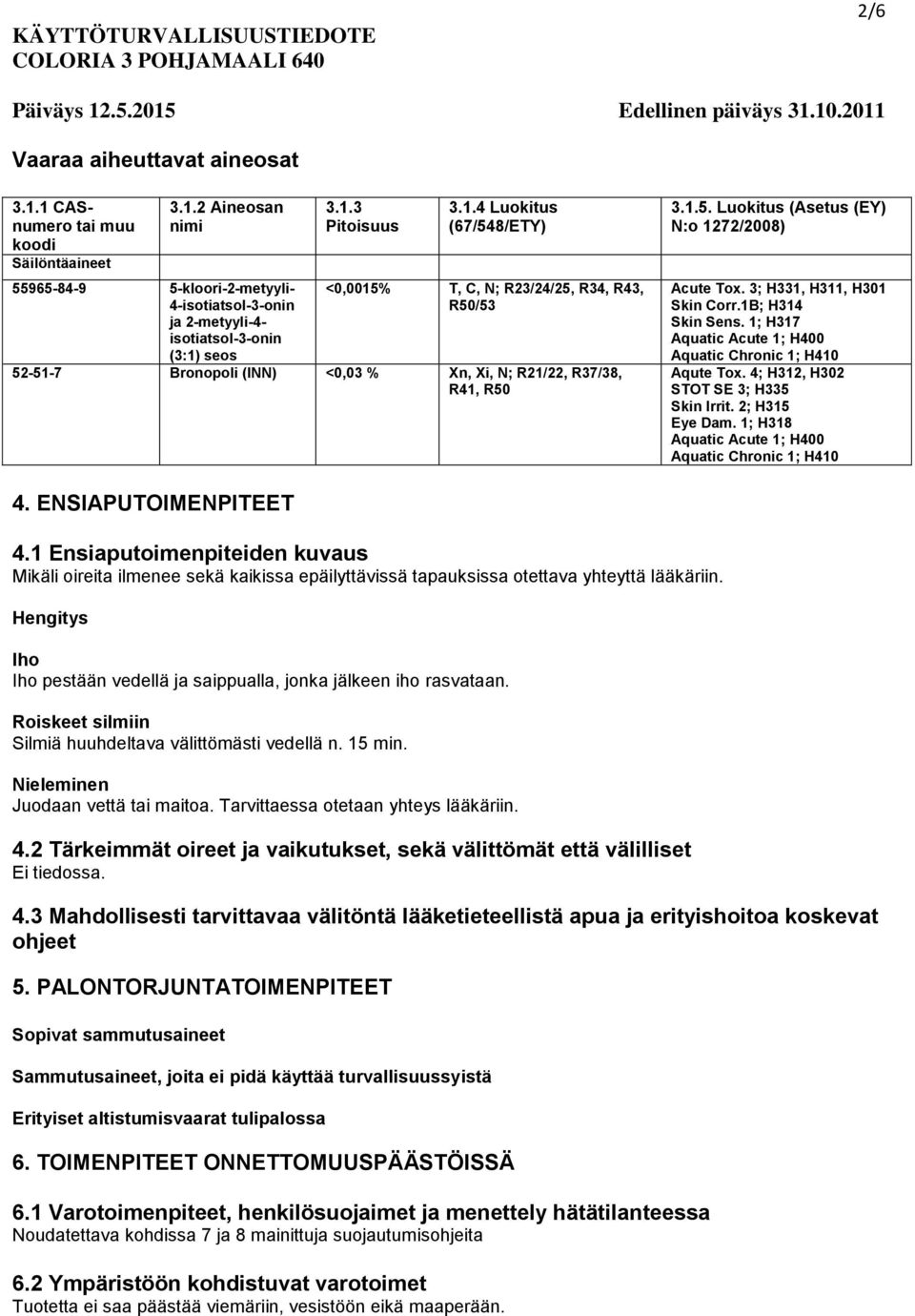 3; H331, H311, H301 Skin Corr.1B; H314 Skin Sens. 1; H317 Aquatic Acute 1; H400 Aquatic Chronic 1; H410 Aqute Tox. 4; H312, H302 STOT SE 3; H335 Skin Irrit. 2; H315 Eye Dam.