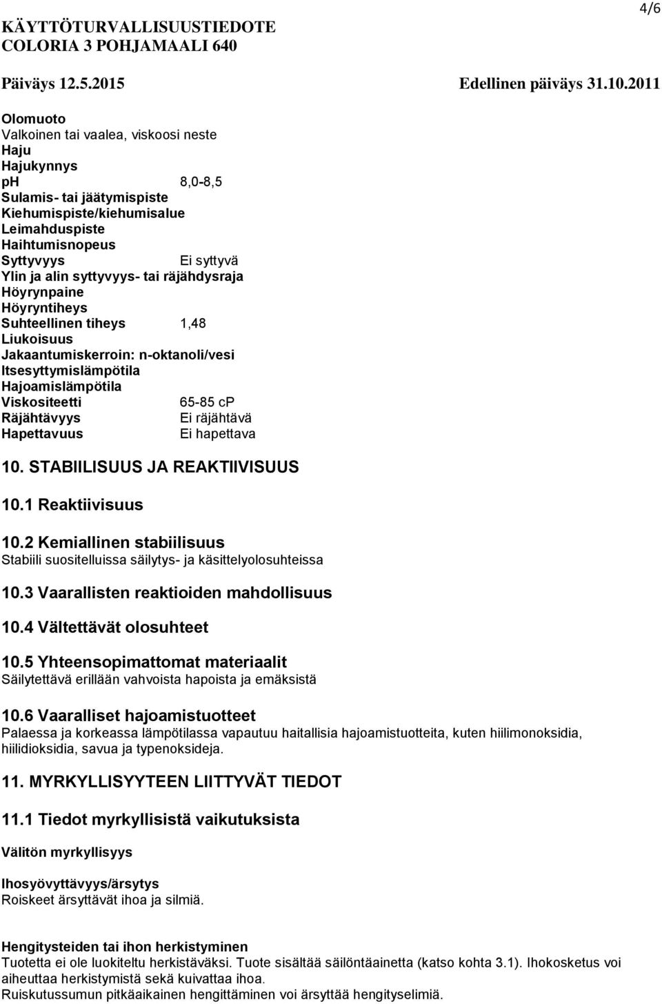 Ei räjähtävä Hapettavuus Ei hapettava 10. STABIILISUUS JA REAKTIIVISUUS 10.1 Reaktiivisuus 10.2 Kemiallinen stabiilisuus Stabiili suositelluissa säilytys- ja käsittelyolosuhteissa 10.