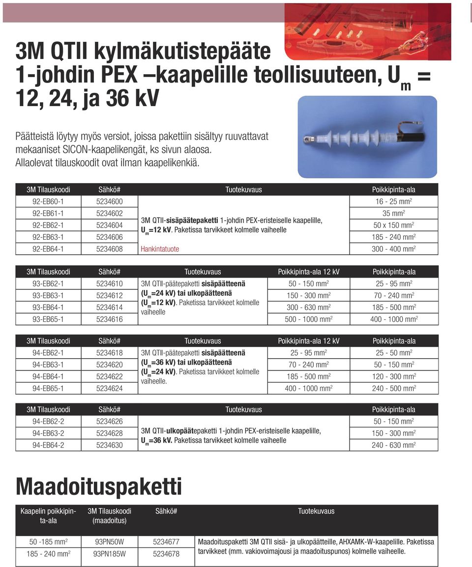 3M Tilauskoodi Sähkö# Tuotekuvaus Poikkipinta-ala 92-EB60-1 5234600 16-25 mm 2 92-EB61-1 5234602 35 mm 2 3M QTII-sisäpäätepaketti 1-johdin PEX-eristeiselle kaapelille, 92-EB62-1 5234604 50 x 150 mm U