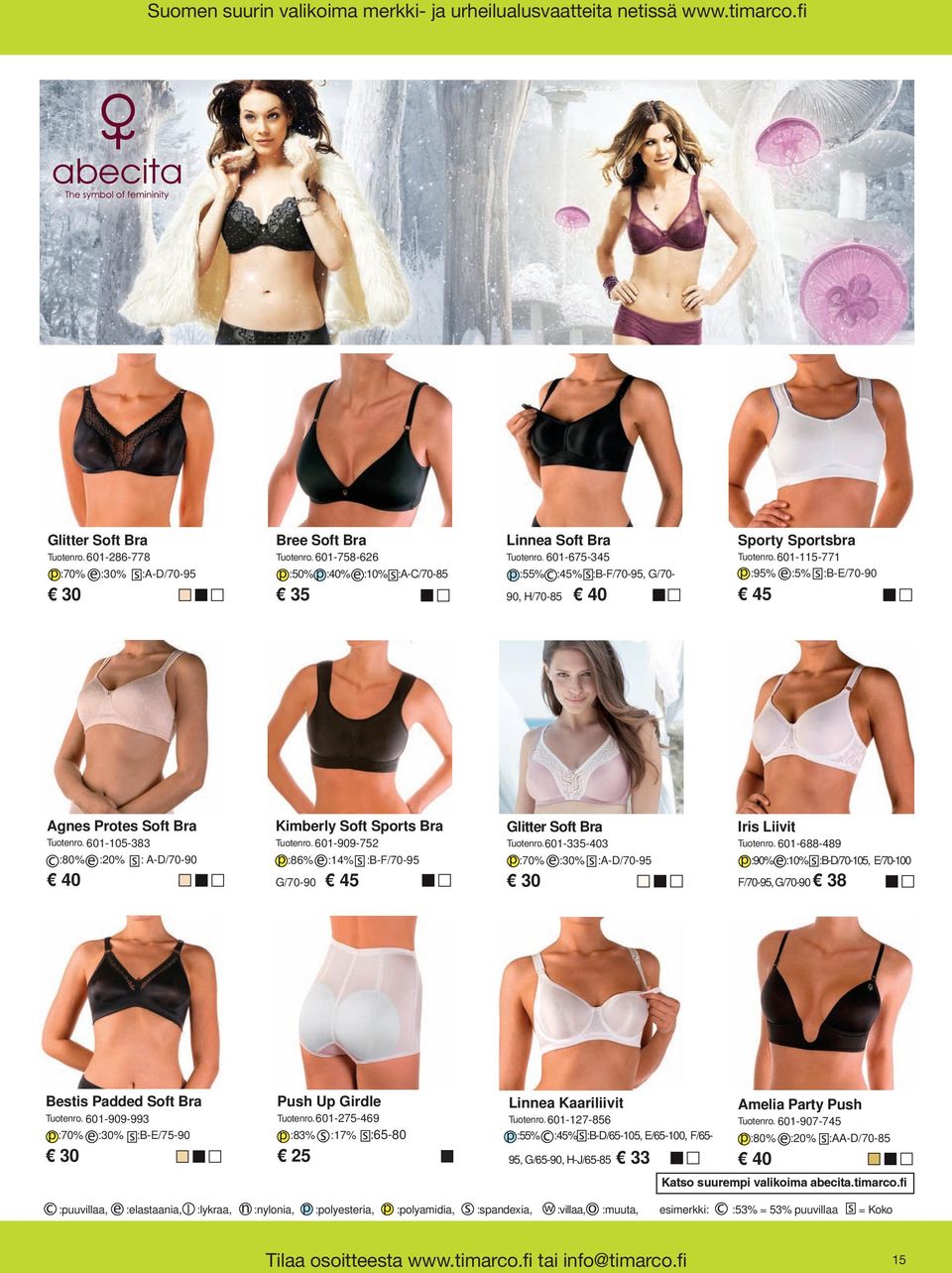 601-115-771 p :95% :5% s :B-E/70-90 45 e Agnes Protes Soft Bra Kimberly Soft Sports Bra Glitter Soft Bra Tuotenro. 601-105-383 Tuotenro. 601-909-752 Tuotenro.