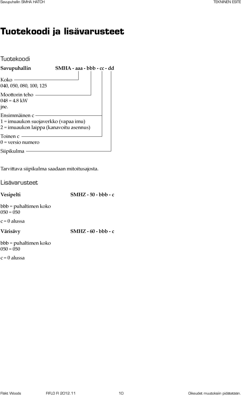 Ensimmäinen c 1 = imuaukon suojaverkko (vapaa imu) 2 = imuaukon laippa (kanavoitu asennus) Toinen c 0 = versio numero Siipikulma