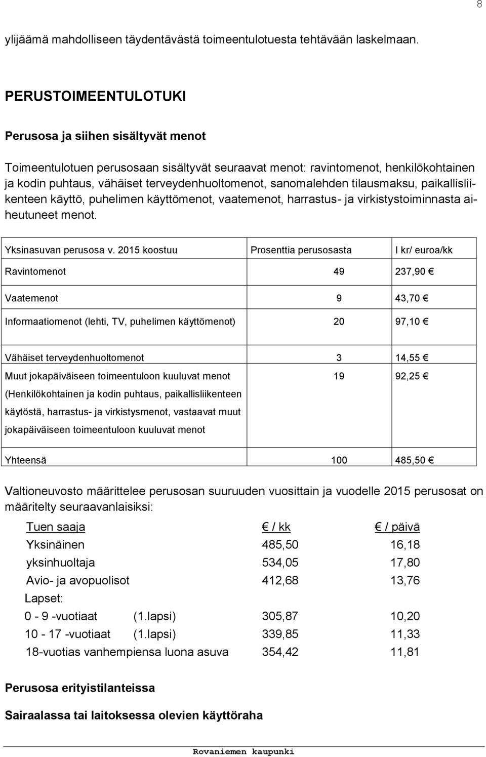 sanomalehden tilausmaksu, paikallisliikenteen käyttö, puhelimen käyttömenot, vaatemenot, harrastus- ja virkistystoiminnasta aiheutuneet menot. Yksinasuvan perusosa v.