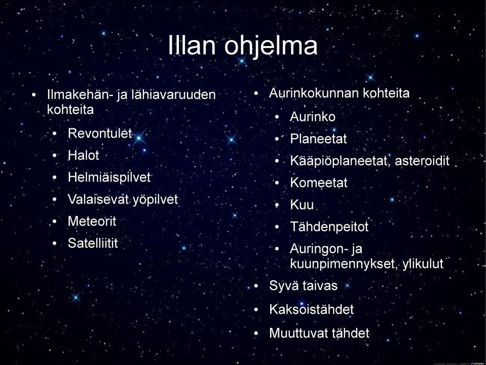 Helmiäispilvet Komeetat Valaisevat yöpilvet Kuu Meteorit Tähdenpeitot