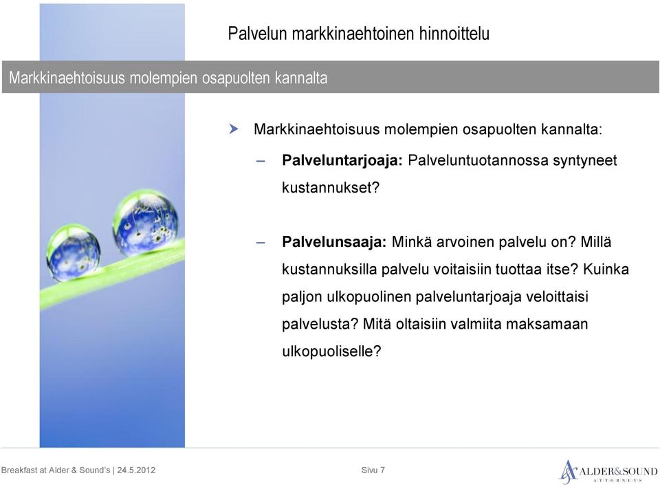 Palvelunsaaja: Minkä arvoinen palvelu on? Millä kustannuksilla palvelu voitaisiin tuottaa itse?