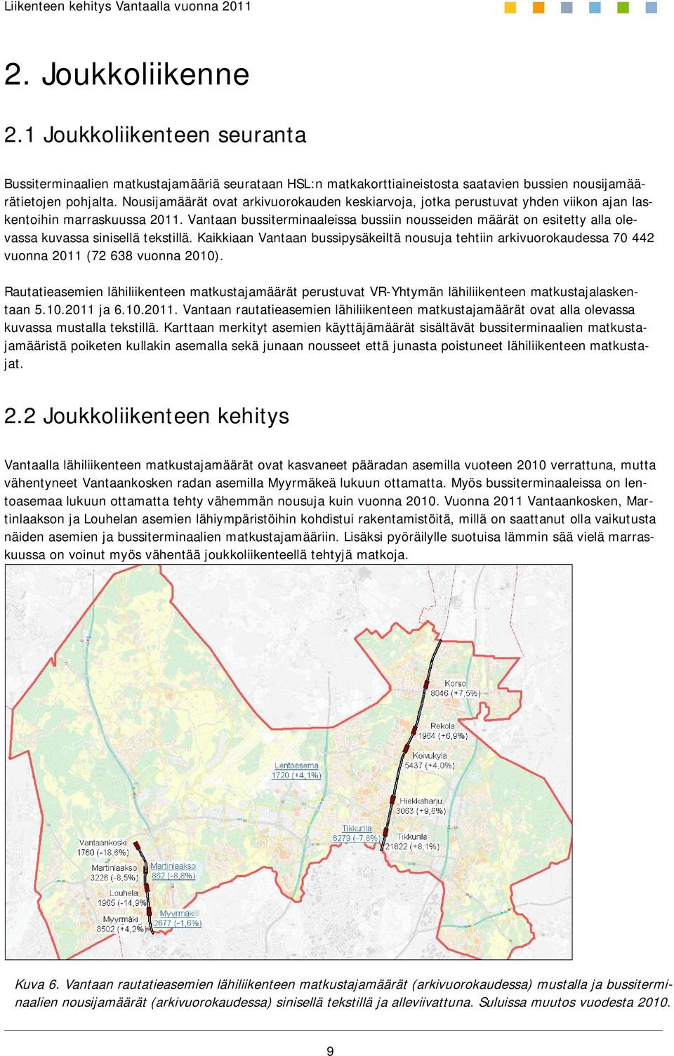 Vantaan bussiterminaaleissa bussiin nousseiden määrät on esitetty alla olevassa kuvassa sinisellä tekstillä.