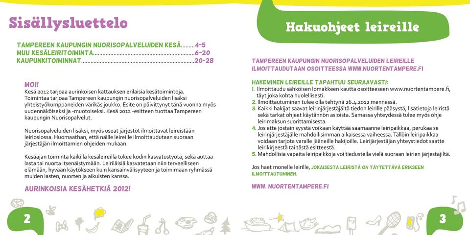 Kesä 2012 -esitteen tuottaa Tampereen kaupungin Nuorisopalvelut. Nuorisopalveluiden lisäksi, myös useat järjestöt ilmoittavat leireistään leiriosiossa.