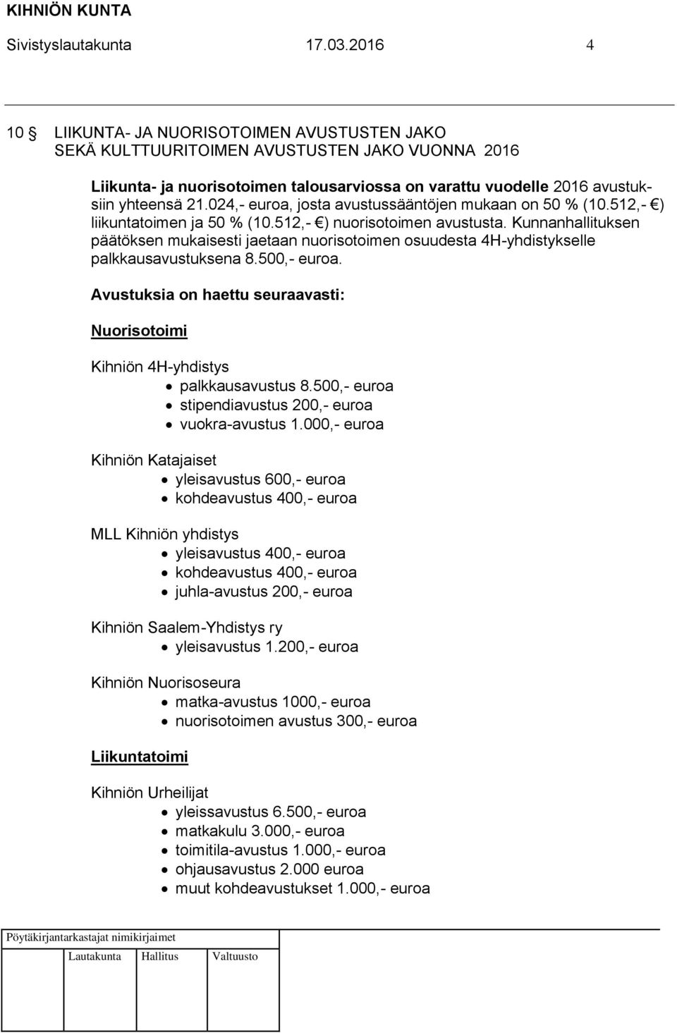 024,- euroa, josta avustussääntöjen mukaan on 50 % (10.512,- ) liikuntatoimen ja 50 % (10.512,- ) nuorisotoimen avustusta.