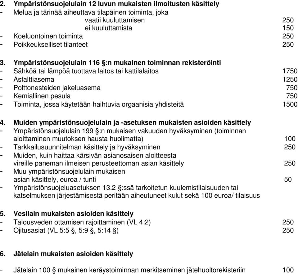 Ympäristönsuojelulain 116 :n mukainen toiminnan rekisteröinti - Sähköä tai lämpöä tuottava laitos tai kattilalaitos 1750 - Asfalttiasema 1250 - Polttonesteiden jakeluasema 750 - Kemiallinen pesula