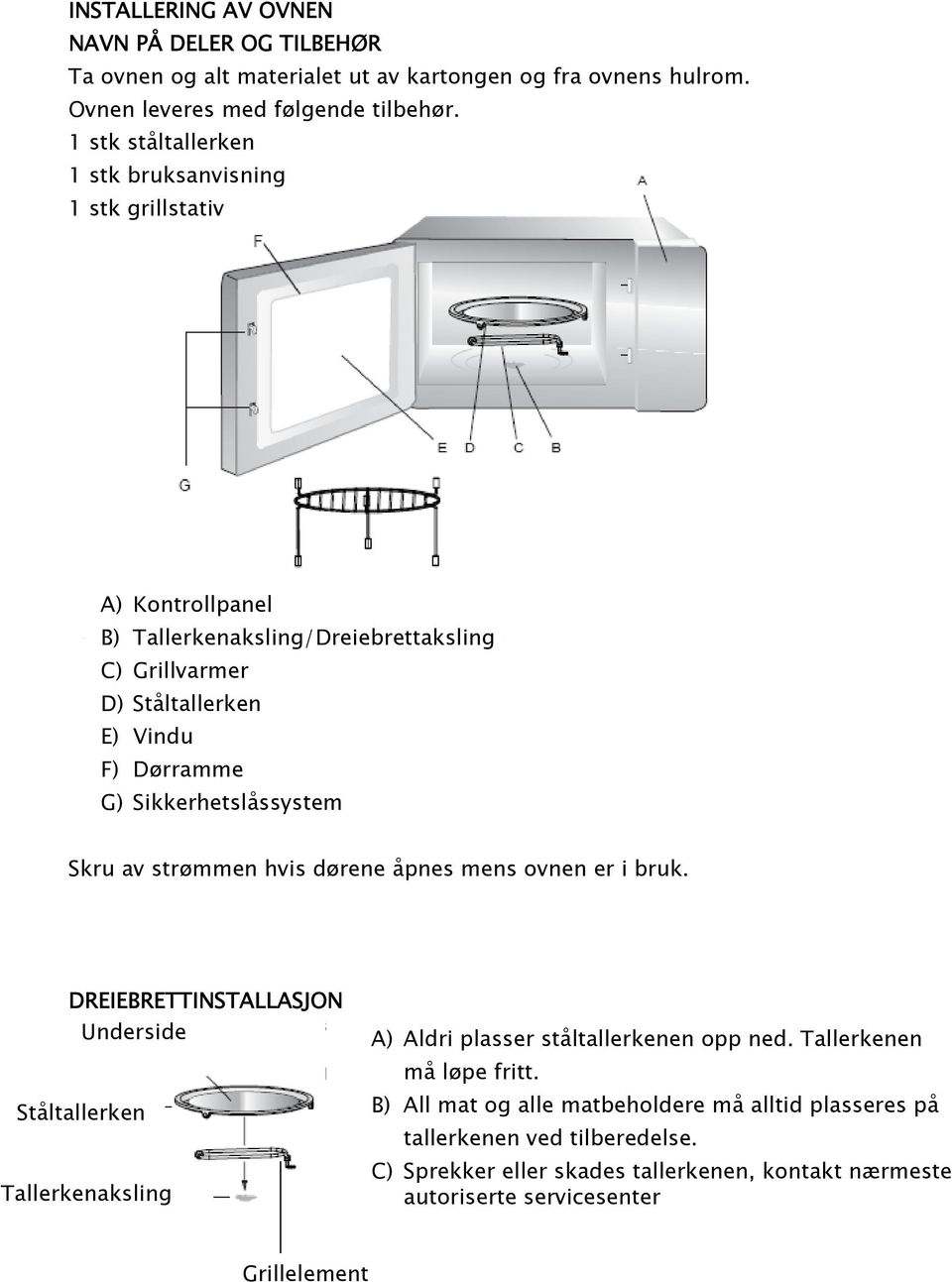 0 2ssystem Skru av str 0 3mmen hvis d 0 3rene 0 2pnes mens ovnen er i bruk. DREIEBRETTINSTALLASJON Underside St 0 2ltallerken Tallerkenaksling A) Aldri plasser st 0 2ltallerkenen opp ned.