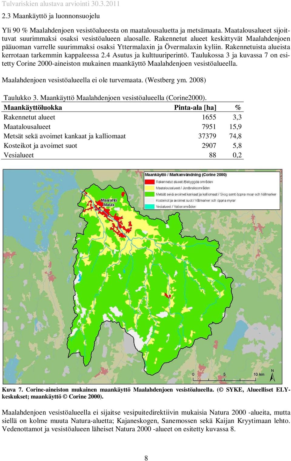 4 Asutus ja kulttuuriperintö. Taulukossa 3 ja kuvassa 7 on esitetty Corine 2000-aineiston mukainen maankäyttö Maalahdenjoen vesistöalueella. Maalahdenjoen vesistöalueella ei ole turvemaata.