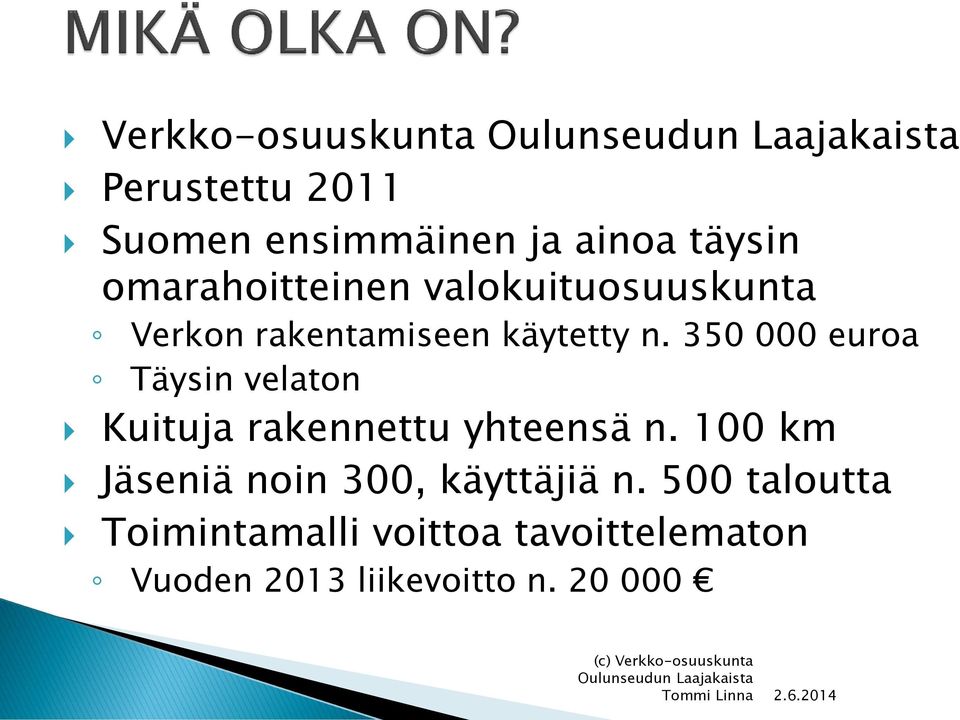 350 000 euroa Täysin velaton Kuituja rakennettu yhteensä n.