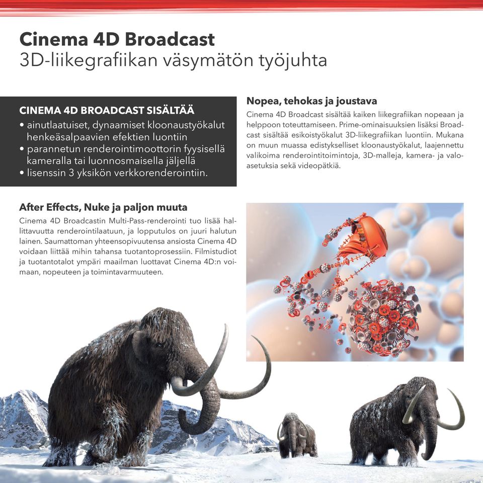 Nopea, tehokas ja joustava Cinema 4D Broadcast sisältää kaiken liikegrafiikan nopeaan ja helppoon toteuttamiseen.