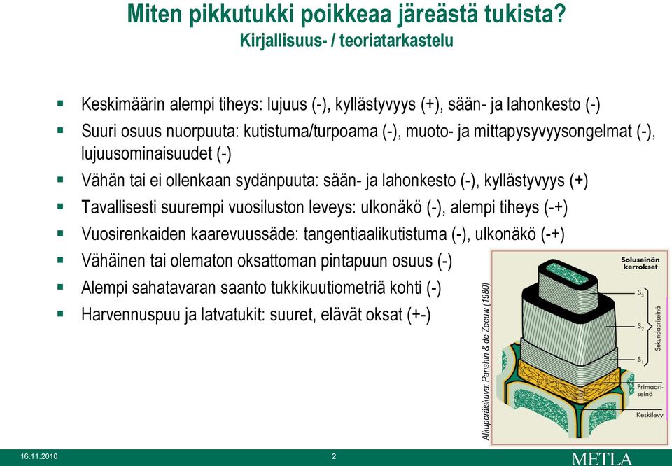 mittapysyvyysongelmat (-), lujuusominaisuudet (-) Vähän tai ei ollenkaan sydänpuuta: sään- ja lahonkesto (-), kyllästyvyys (+) Tavallisesti suurempi vuosiluston leveys: