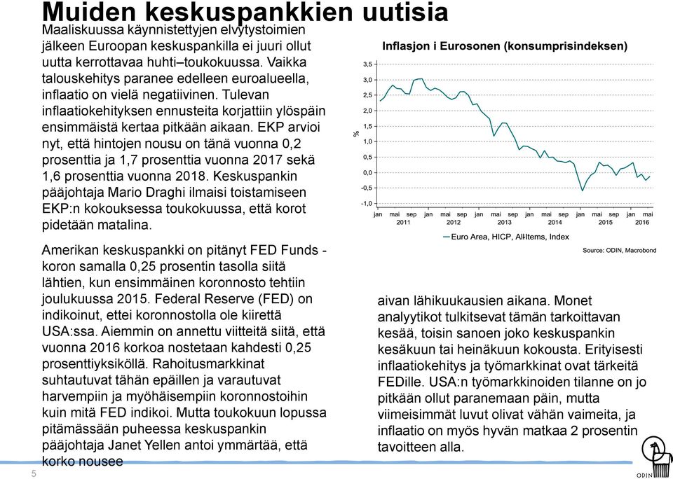 EKP arvioi nyt, että hintojen nousu on tänä vuonna 0,2 prosenttia ja 1,7 prosenttia vuonna 2017 sekä 1,6 prosenttia vuonna 2018.