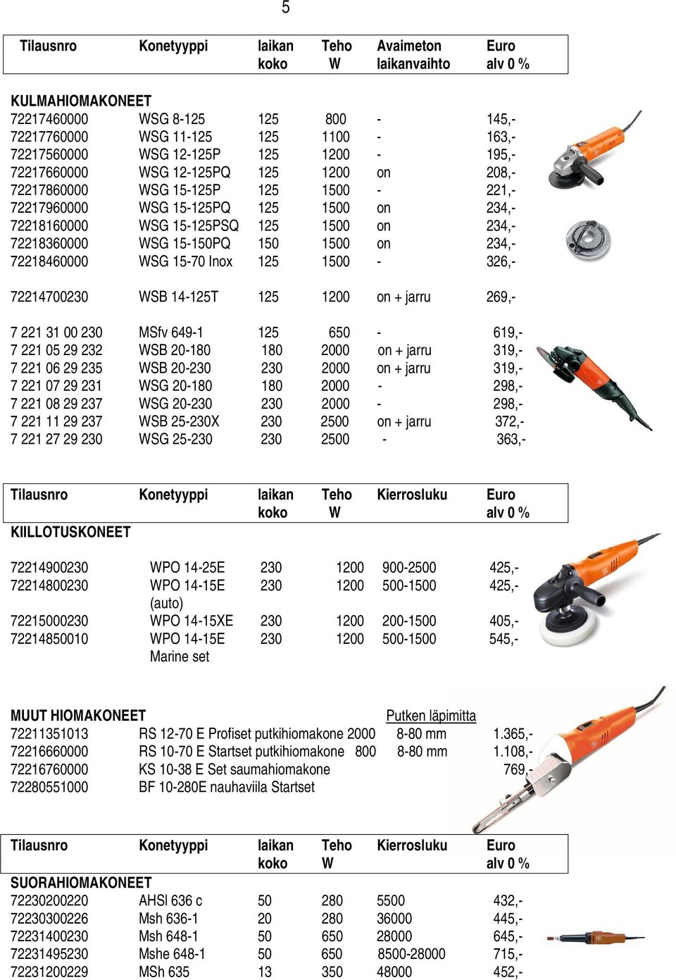 15-150PQ 150 1500 on 234,- 72218460000 WSG 15-70 Inox 125 1500-326,- 72214700230 WSB 14-125T 125 1200 on + jarru 269,- 7 221 31 00 230 MSfv 649-1 125 650-619,- 7 221 05 29 232 WSB 20-180 180 2000 on