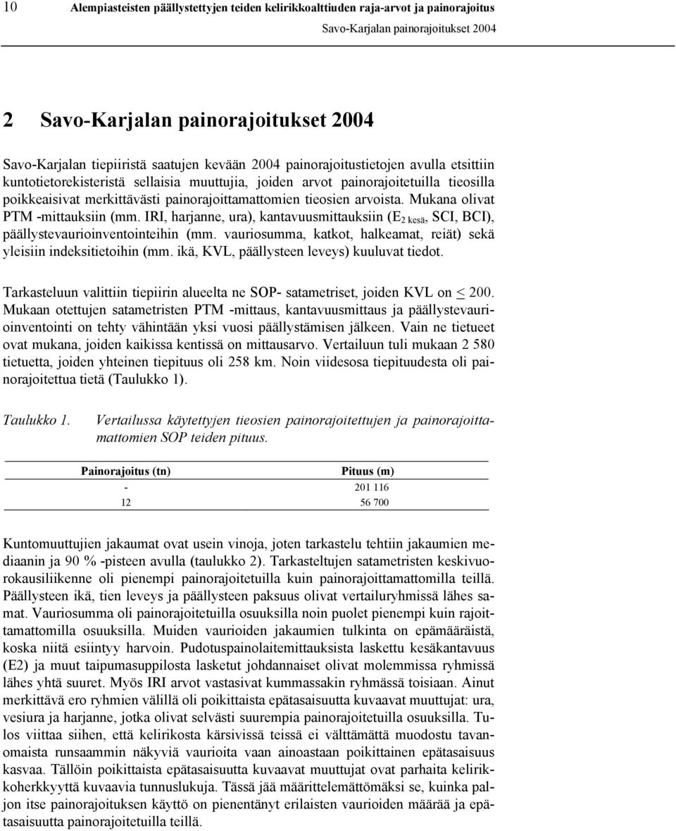 Mukana olivat PTM -mittauksiin (mm. IRI, harjanne, ura), kantavuusmittauksiin (E 2 kesä, SCI, BCI), päällystevaurioinventointeihin (mm.