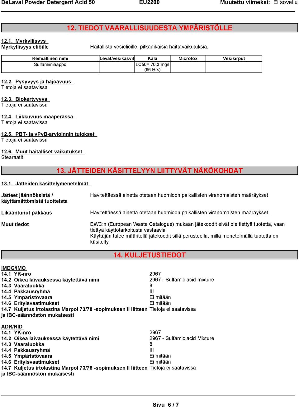 6. Muut haitalliset vaikutukset 13.1. Jätteiden käsittelymenetelmät 13.