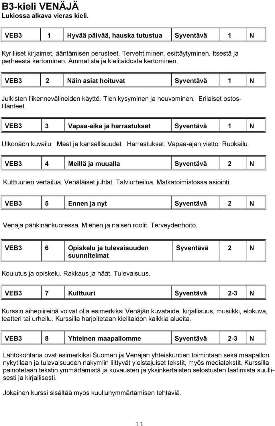 Erilaiset ostostilanteet. VEB3 3 Vapaa-aika ja harrastukset Syventävä 1 N Ulkonäön kuvailu. Maat ja kansallisuudet. Harrastukset. Vapaa-ajan vietto. Ruokailu.