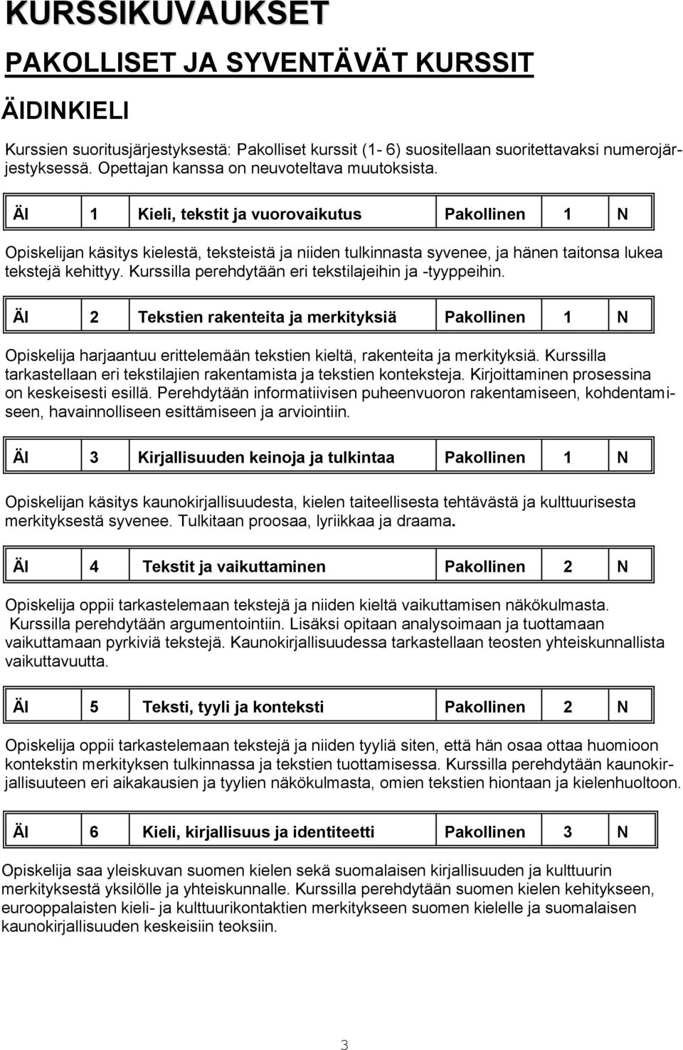ÄI 1 Kieli, tekstit ja vuorovaikutus Pakollinen 1 N Opiskelijan käsitys kielestä, teksteistä ja niiden tulkinnasta syvenee, ja hänen taitonsa lukea tekstejä kehittyy.