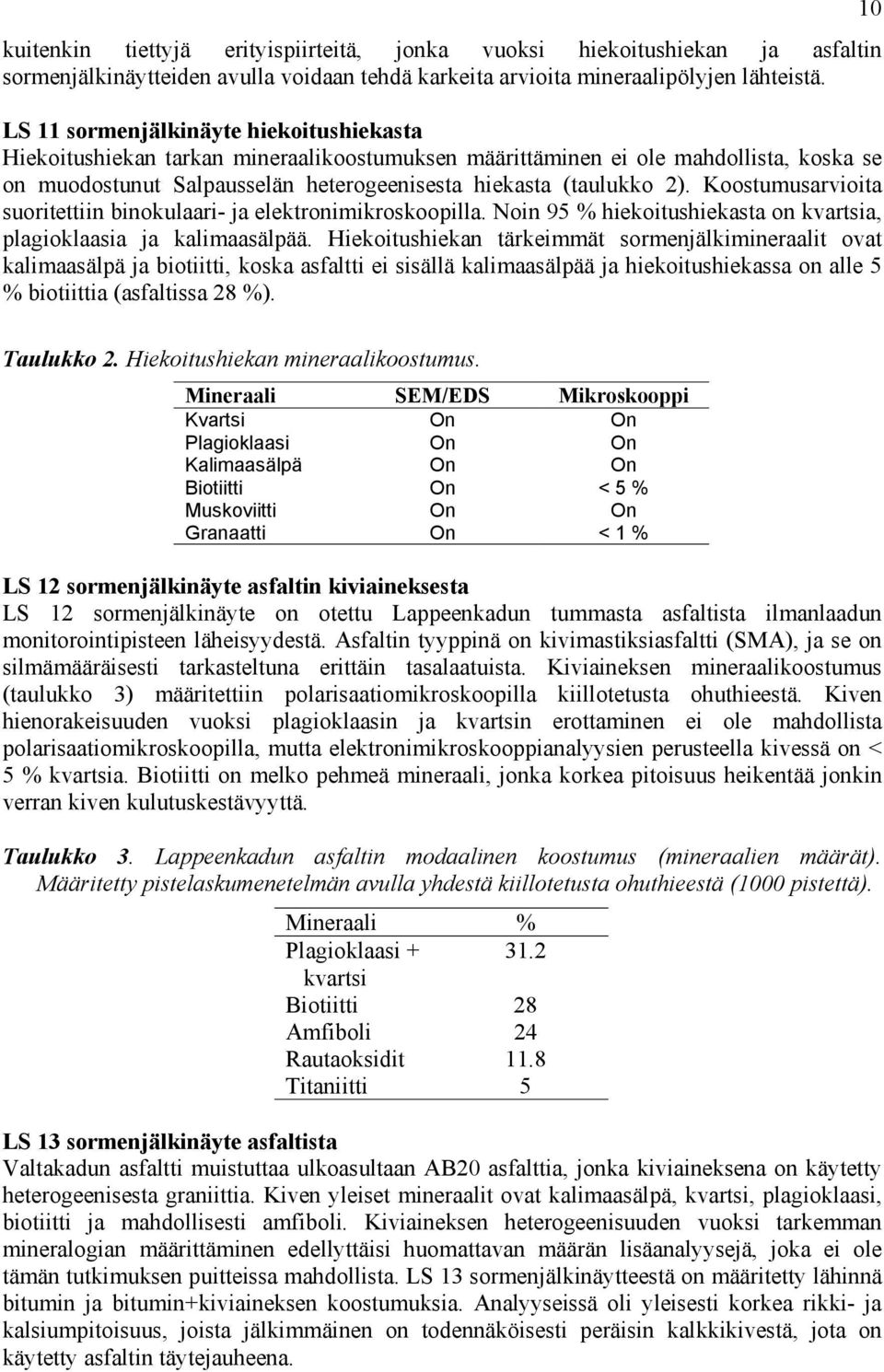 Koostumusarvioita suoritettiin binokulaari- ja elektronimikroskoopilla. Noin 95 % hiekoitushiekasta on kvartsia, plagioklaasia ja kalimaasälpää.