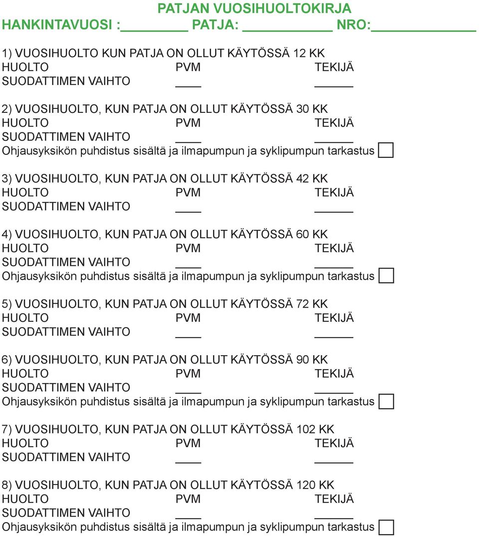 ilmapumpun ja syklipumpun tarkastus 5) VUOSIHUOLTO, KUN PATJA ON OLLUT KÄYTÖSSÄ 72 KK 6) VUOSIHUOLTO, KUN PATJA ON OLLUT KÄYTÖSSÄ 90 KK Ohjausyksikön puhdistus sisältä ja ilmapumpun