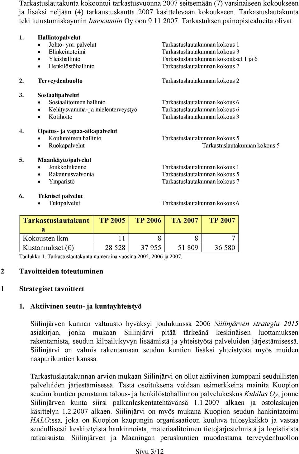 palvelut Tarkastuslautakunnan kokous 1 Elinkeinotoimi Tarkastuslautakunnan kokous 3 Yleishallinto Tarkastuslautakunnan kokoukset 1 ja 6 Henkilöstöhallinto Tarkastuslautakunnan kokous 7 2.