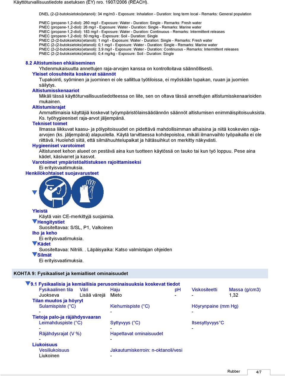 (propane1,2diol): 50 mg/kg Exposure: Soil Duration: Single PNEC (2(2butoksietoksi)etanoli): 1 mg/l Exposure: Water Duration: Single Remarks: Fresh water PNEC (2(2butoksietoksi)etanoli): 0,1 mg/l