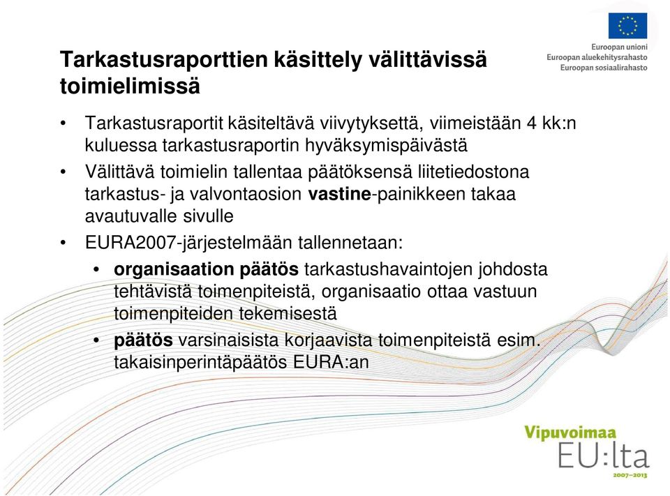 vastine-painikkeen takaa avautuvalle sivulle EURA2007-järjestelmään tallennetaan: organisaation päätös tarkastushavaintojen johdosta