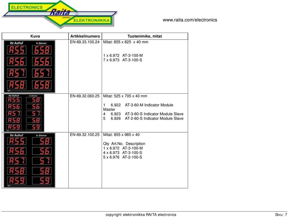 923 AT-3-60-S Indicator Module Slave 5 6.926 AT-2-60-S Indicator Module Slave EN-69.32.100.