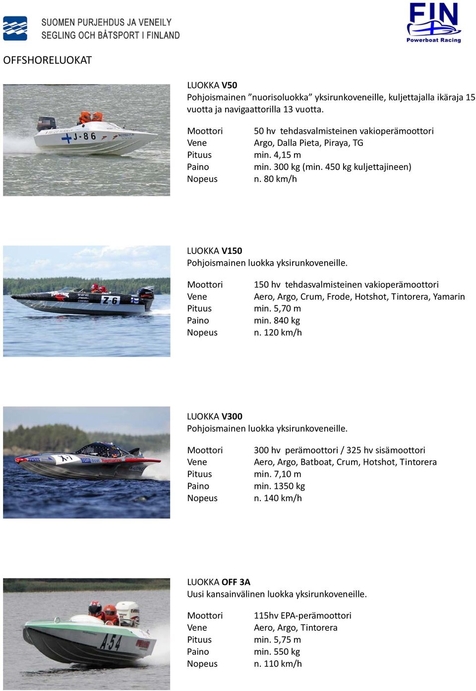 150 hv tehdasvalmisteinen vakioperämoottori Aero, Argo, Crum, Frode, Hotshot, Tintorera, Yamarin min. 5,70 m min. 840 kg n. 120 km/h LUOKKA V300 Pohjoismainen luokka yksirunkoveneille.