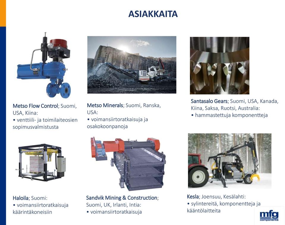 Mining & Construction; Suomi, UK, Irlanti, Intia: voimansiirtoratkaisuja Santasalo Gears; Suomi, USA, Kanada, Kiina,